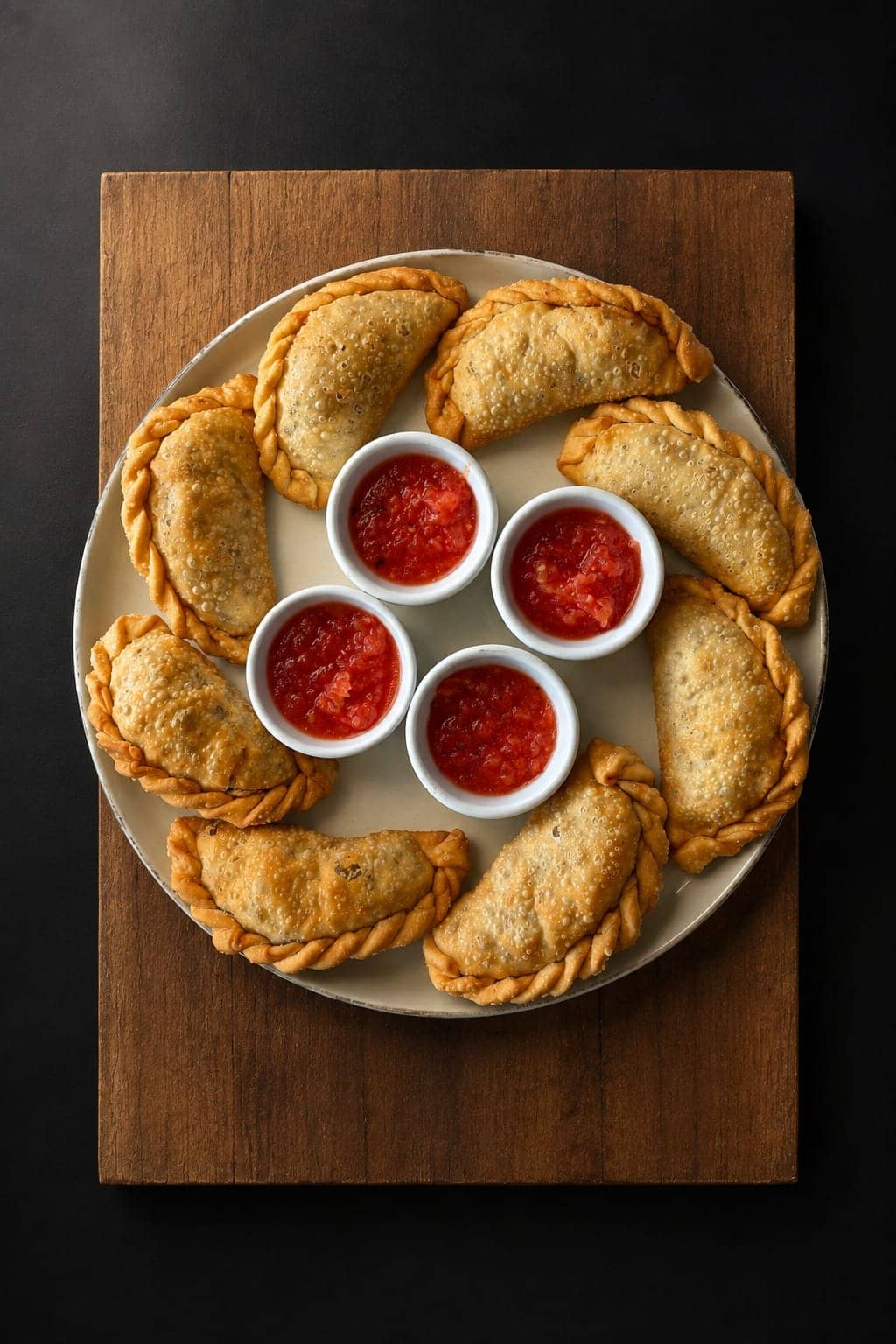 Empanadas repulgadas sobre tabla de madera, con cuatro potes de salsa roja