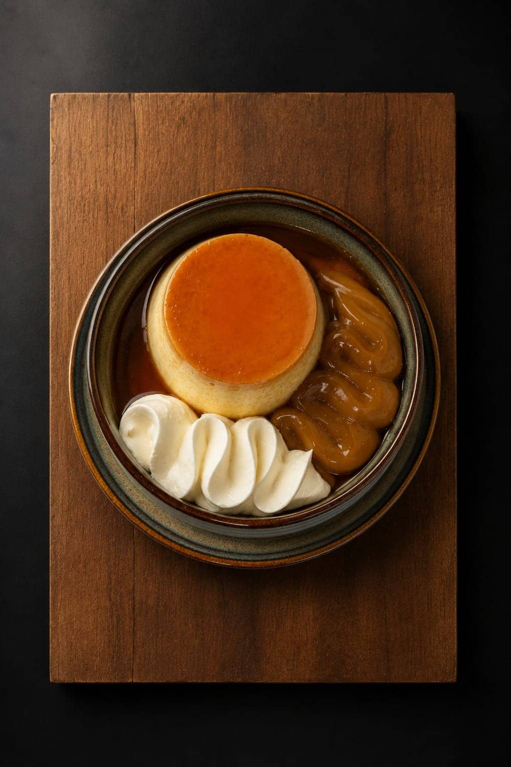 Flan casero con dulce de leche y crema, en cazuela de cerámica